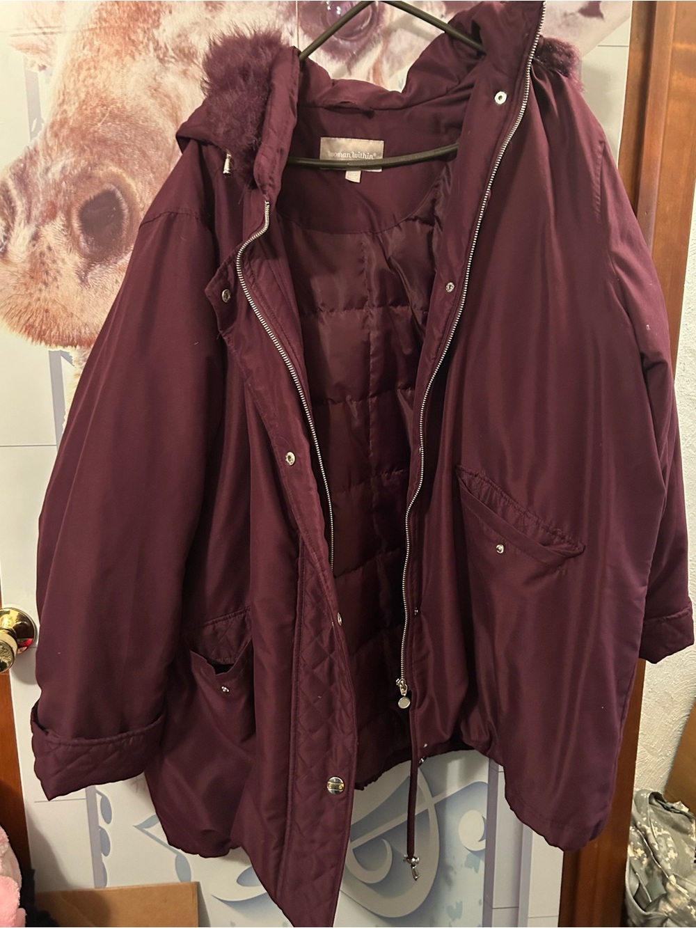 Woman Within Burgundy Hooded Puffer Coat with Faux-Fur Trim